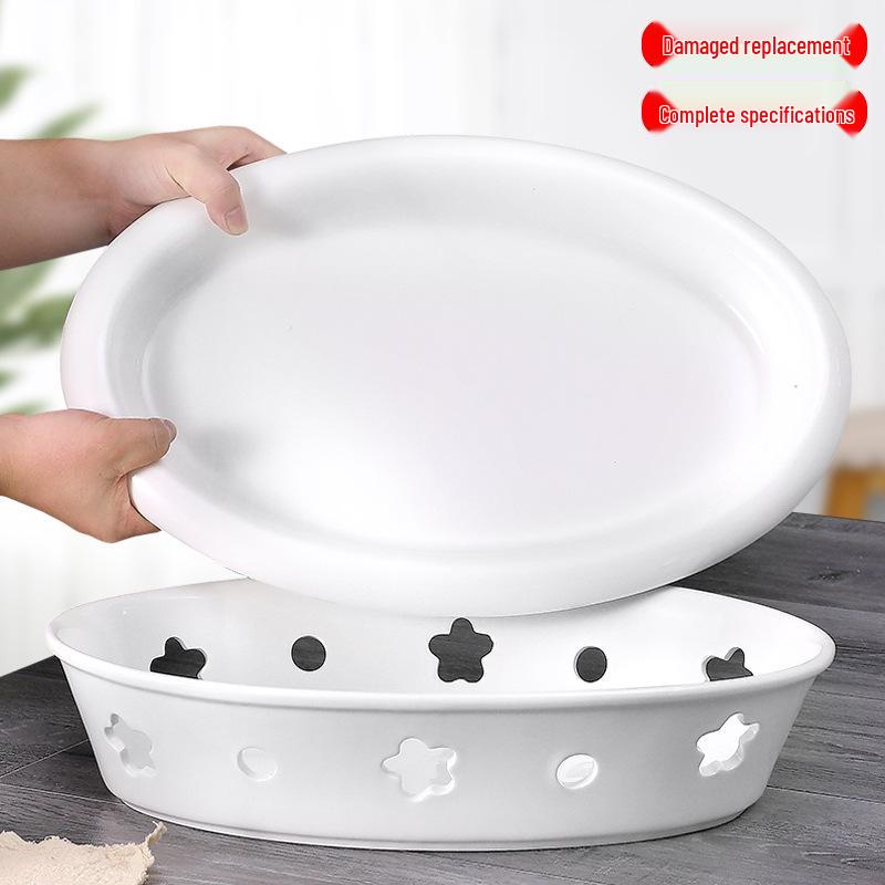 Ceramic Egg-Shaped Plum Blossom Grilled Fish and Warming Plate with White Round Heating Dry Pot Stove.