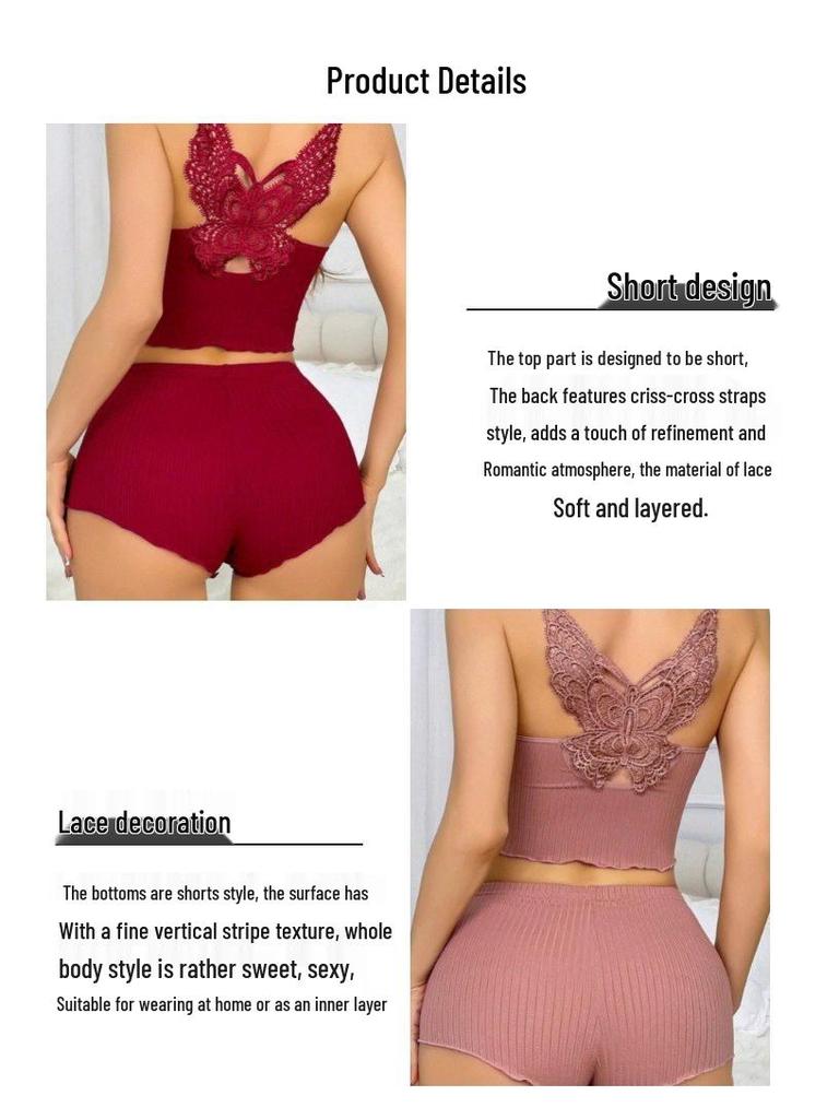 Ribbed Scalloped Edge Sleeveless Camisole and Shorts Pajama Set for Women, European & American Style Casual Homewear.