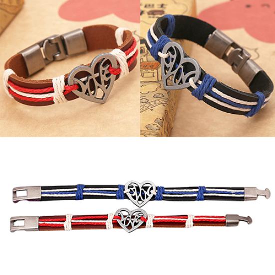 Lover Couple Hollow Love Heart Knitted Leather Bangle Alloy Cuff Buckle Bracelet