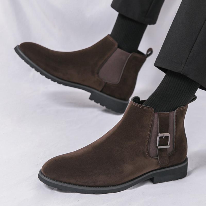 Fashion Winter Men's Pointed Suede Leather Buckle Chelsea Ankle Boots British Designer Botas Trend Casual High-tops Shoes Zapatos Hombre