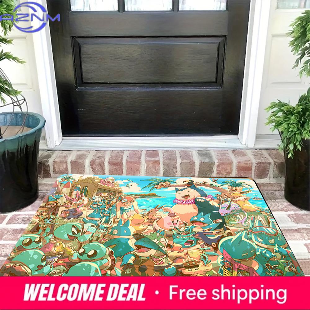 Pokemon Snorlax and Friends Tropical Beach Party Print Doormat Anti-slip Absorbent Floor Mat for Home Entrance Bedroom Living Ro