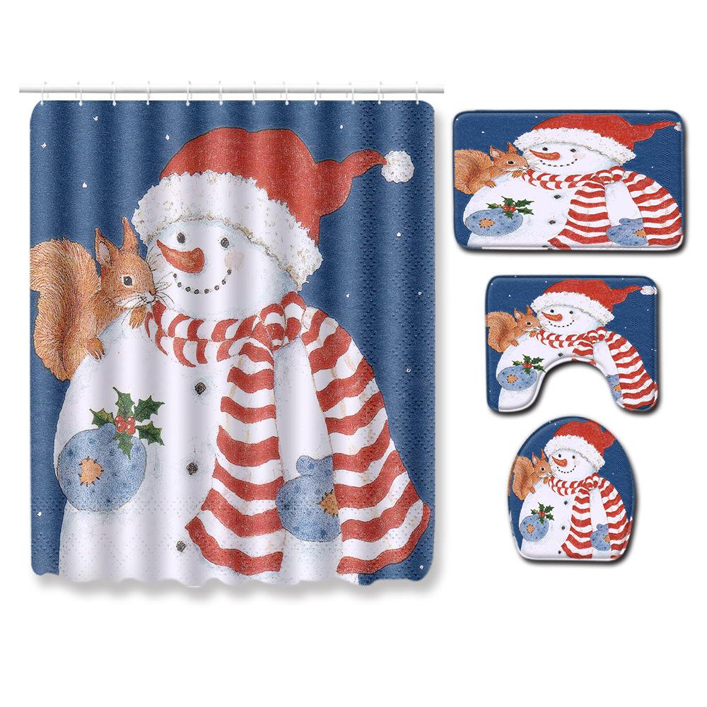 Christmas Shower Curtain Floor Mat Combination Four-Piece Set Bathroom Toilet Carpet Shower Room Mat Foot Mat