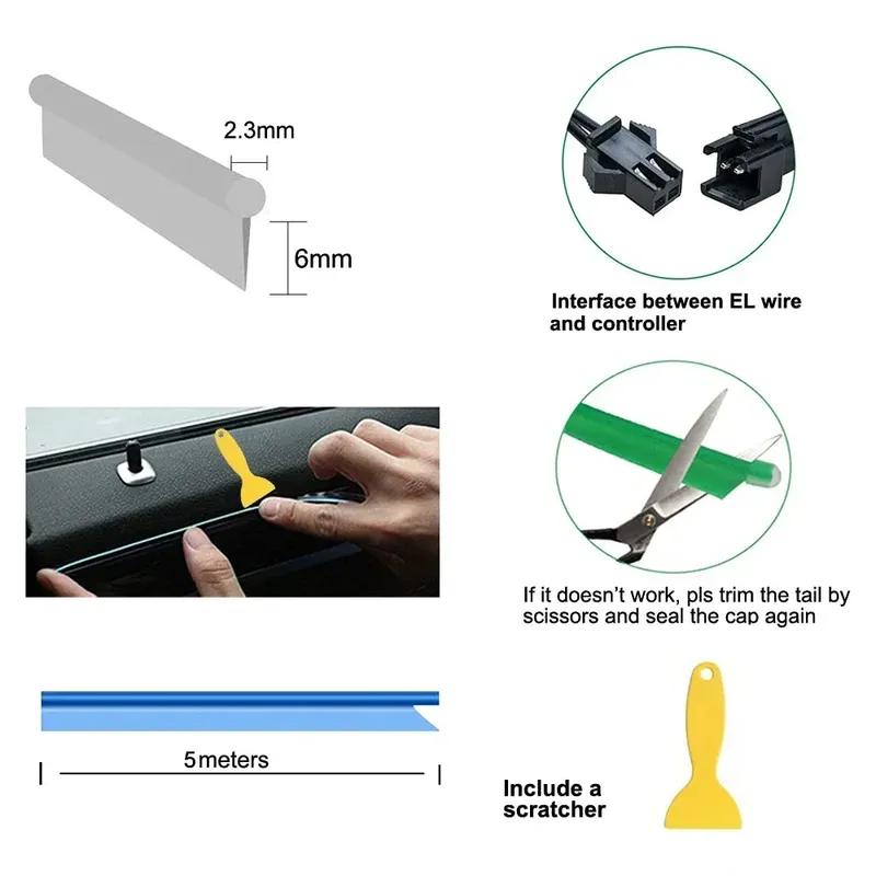 5M Car Interior LED Strip Light EL Wire Neon Ambient Lighting USB Flexible Decoration DIY Auto Party Atmosphere Lamp Diode