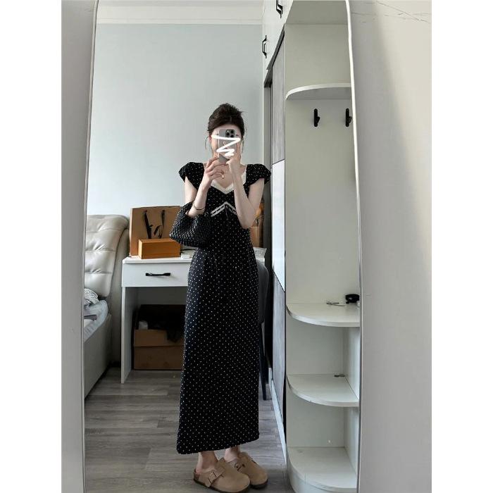 

French coffee break temperament long dress women s summer new design feeling waist thin black polka dot dress S чёрный
