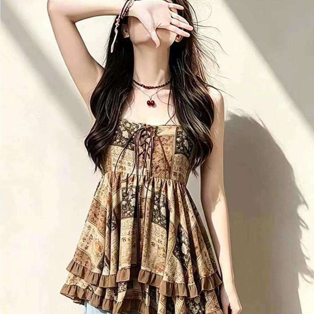 Ethnic Style Lace-up Sleeveless Vest Suspender Skirt Women's 2026 Summer New Beautiful Back Chiffon Retro Printing Short Skirt Tide