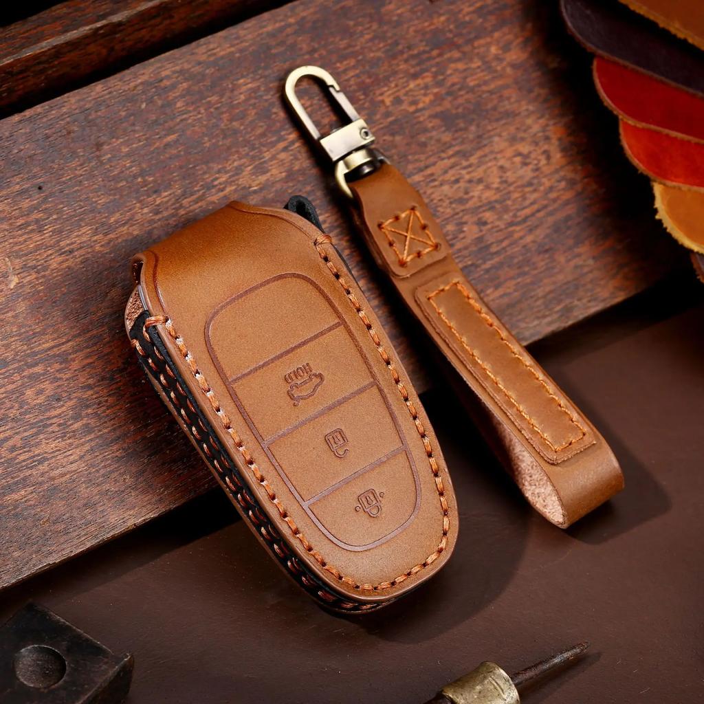 Leather Car Key Case Cover Fob Accessories for Hyundai Tucson Solaris Sonata Hybrid Nexo Nx4 Grand Santa Fe Keychain Holder Bag