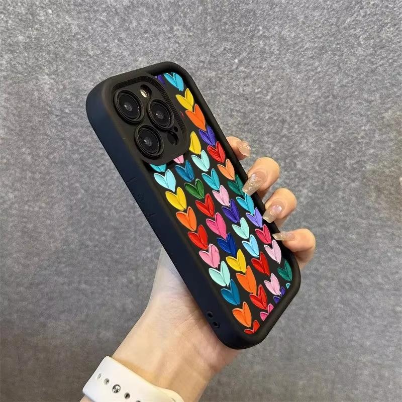 Colorful Heart Oil Painting Case for iPhone 16 E 15 14 13 12 Mini 11 Pro Max XS X 8 7 Plus SE Liquid Soft Silicone Back Cover