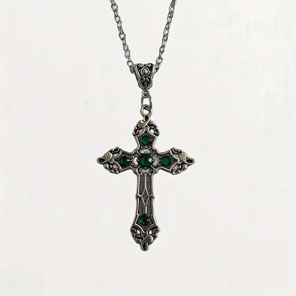 Gothic black ruby cross pendant men's women's necklace European and American retro simple fashion jewelry gifts