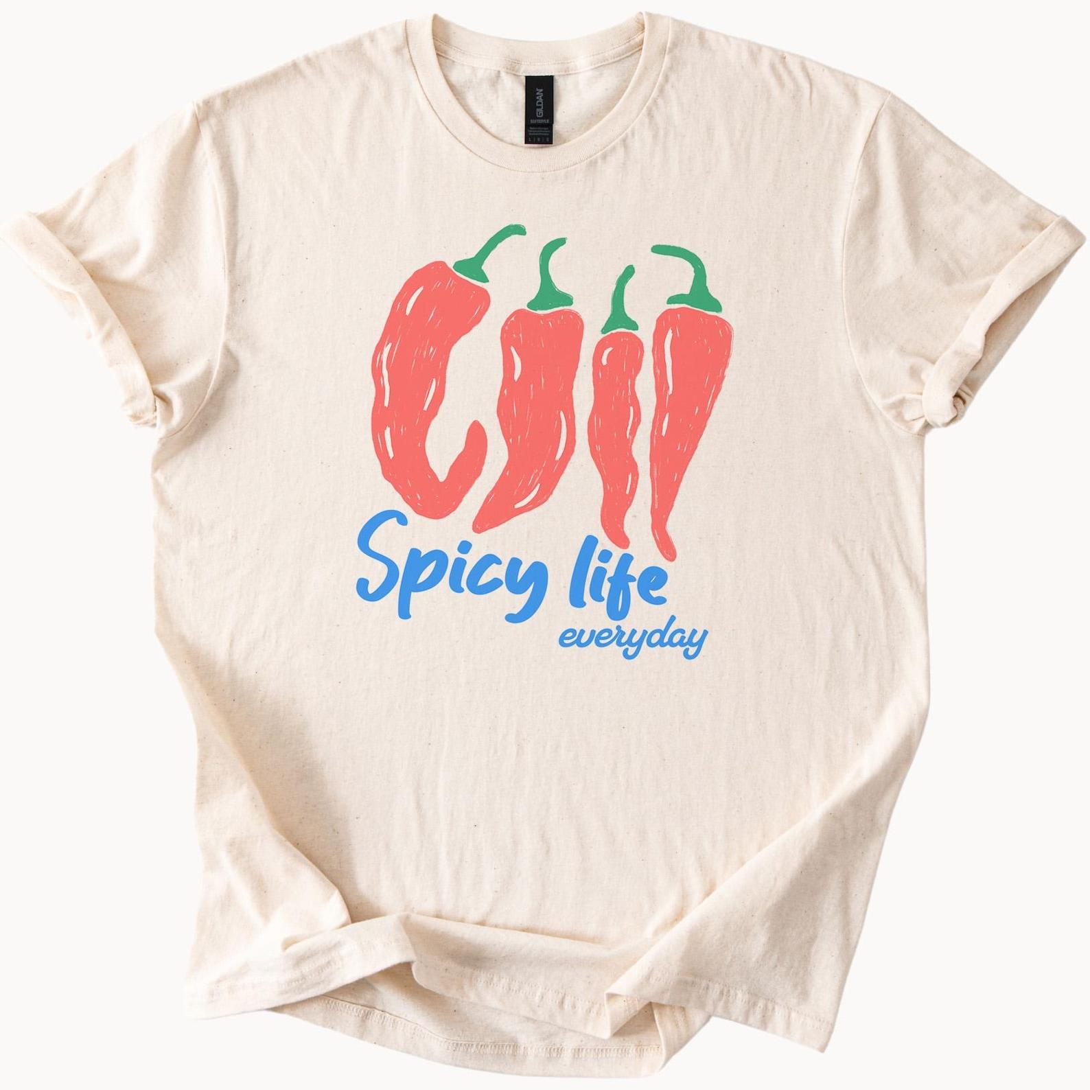 Spicy Life Everyday Graphic T Shirt with Red Chili Peppers Fun Food Lover Shirt Unique Pepper Print Tee for Spicy Food Fans 100