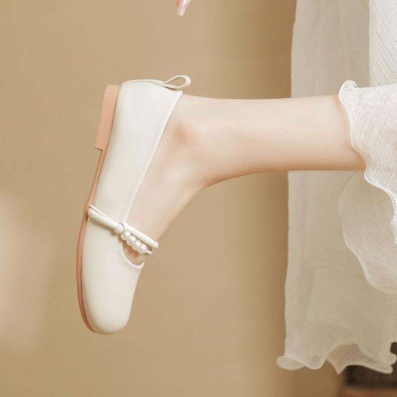Ladies Footwear Round Toe Low Heel Elegant Pearl Off White Women's Flat Shoes Spring Vacation Summer 2025 Quick Delivery on Sale