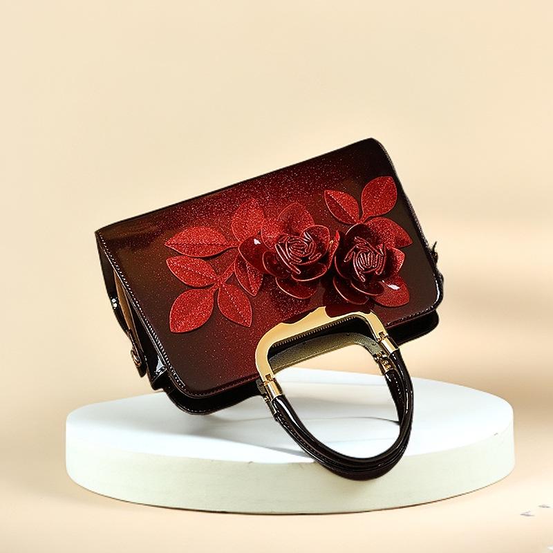 Gradient Color 3D Applique Glossy Patent Leather Shoulder Tote Crossbody Bag