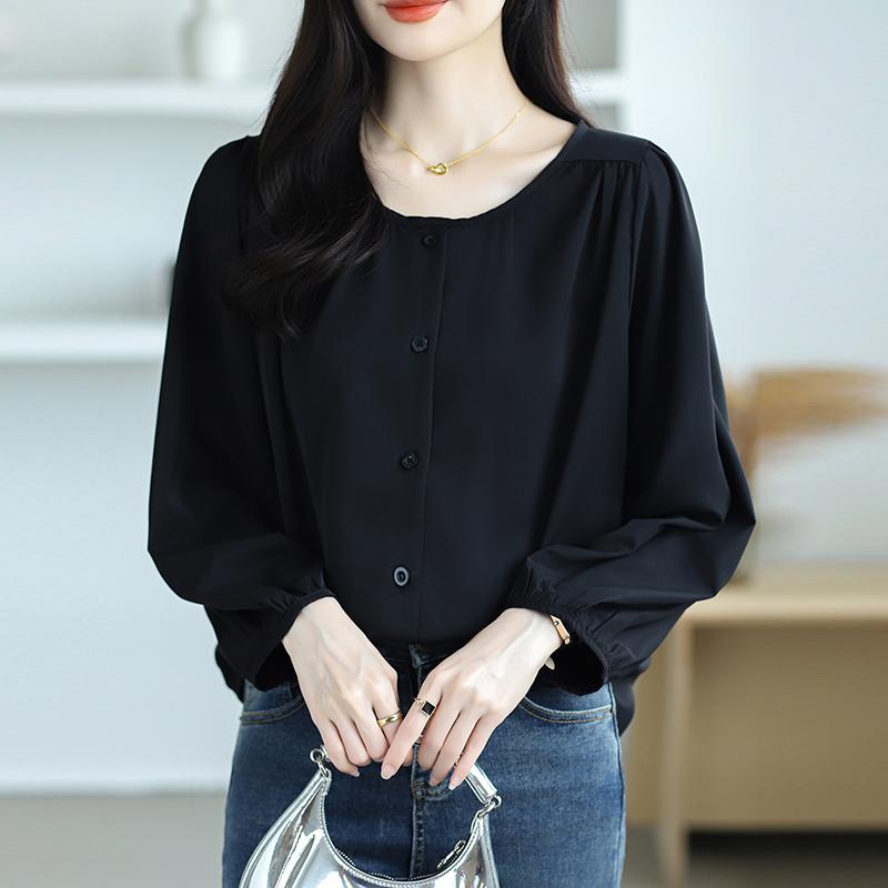 New Fashion Lantern Sleeve Loose Casual Blouse Women Single Breasted Elegant Solid Vintage Shirts Women Tops Round Neck Plus Size Ladies Blouses 26335