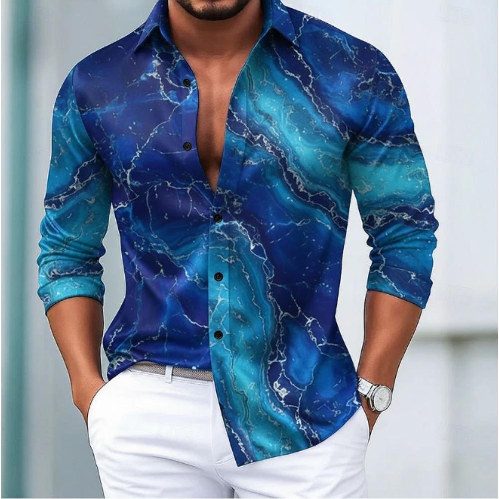Men's Marble Printed Long Sleeve Shirts Casual Cardigan New Button Holiday Fashion Shirts