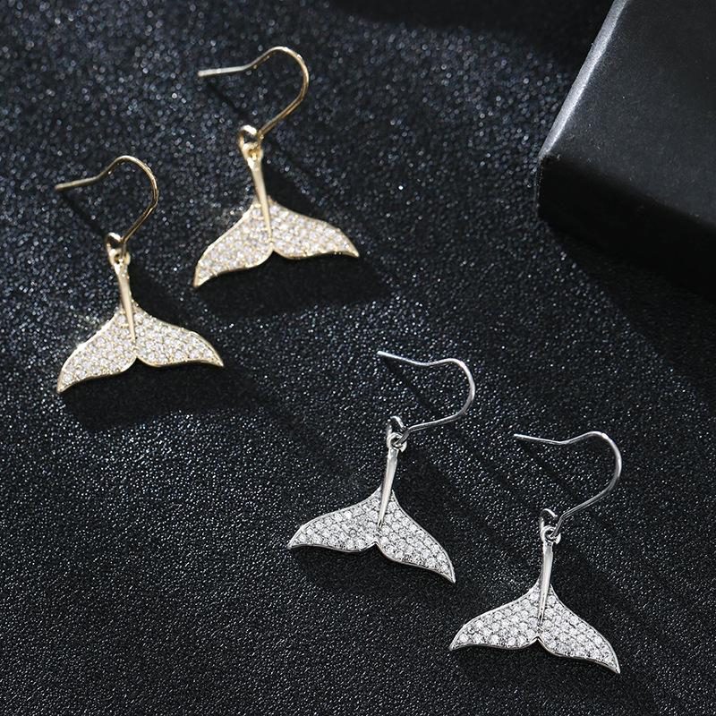 Exquisite Gold-Plated Fishtail Earrings with Full Diamond Design - Creative Gifts for Girls