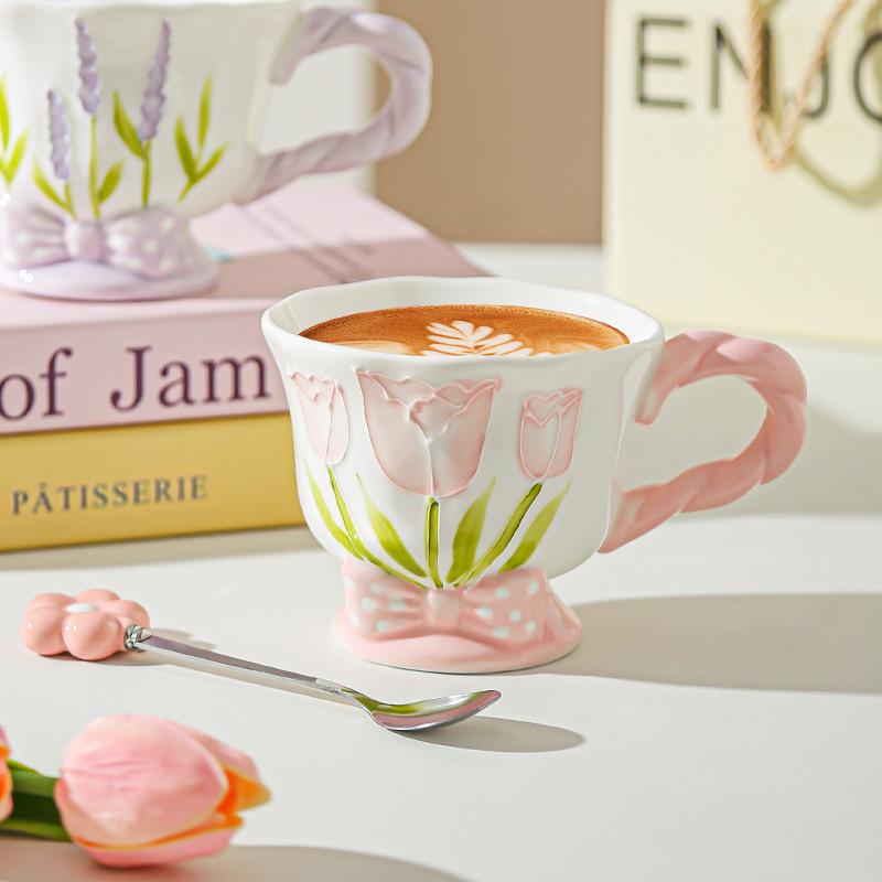 Tulip Ceramic Cup Hand Painted Relief High Looking Coffee Cup Mug Girl Heart Home Water Cup Souvenir