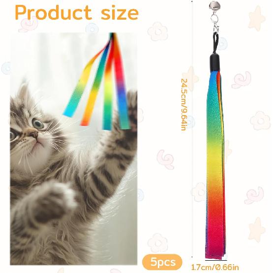 5 Pcs Cat Ribbon Toy, Cat Toy Wand Replacement Interactive Kitten Rainbow Toys Wand, Portable Cats Teaser Wands, Kitten Ribbon Refill Attachment Toys