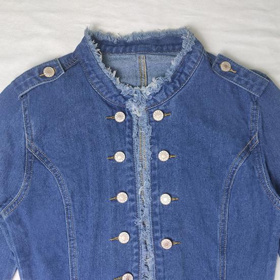 Geacă de blugi de damă cu mâneci lungi, tiv franjurat, geacă de denim elastică, croială slim-fit, cu nasturi, jachetă de blugi scurtă