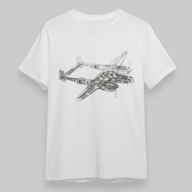 Men's Classic T-Shirt Twin-Engine Aircraft Line Art Graphic Oversize Cotton Tee