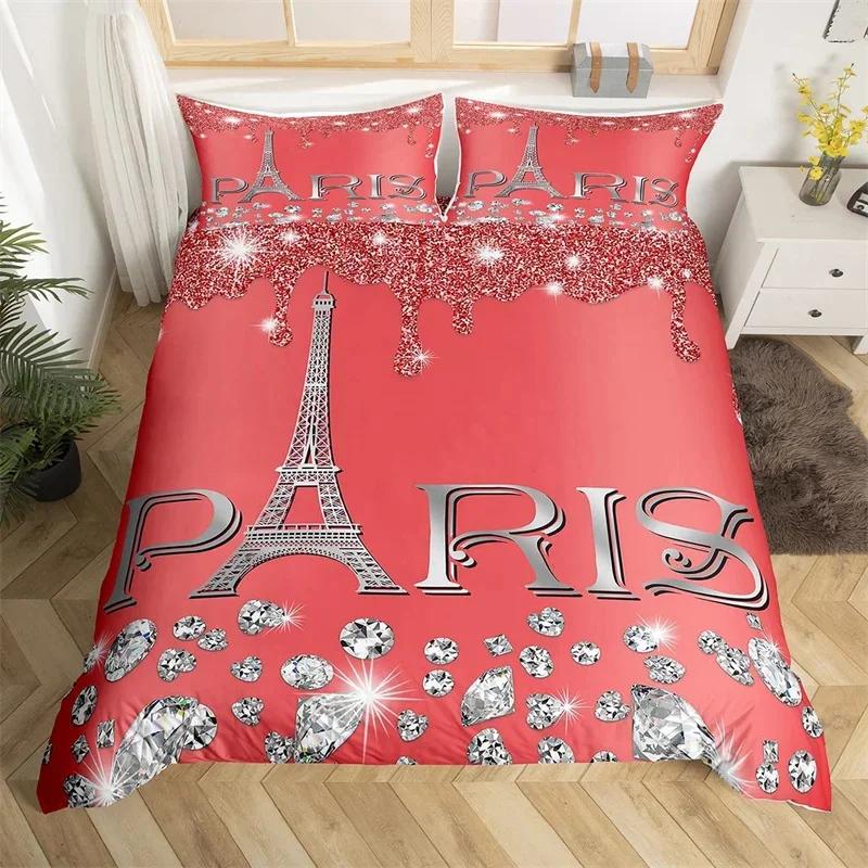 Paris Duvet Cover Set Eiffel Tower Bedding Set Queen Polyester Romantic French Flower Quilt Cover For Girl Teen Women Room Decor