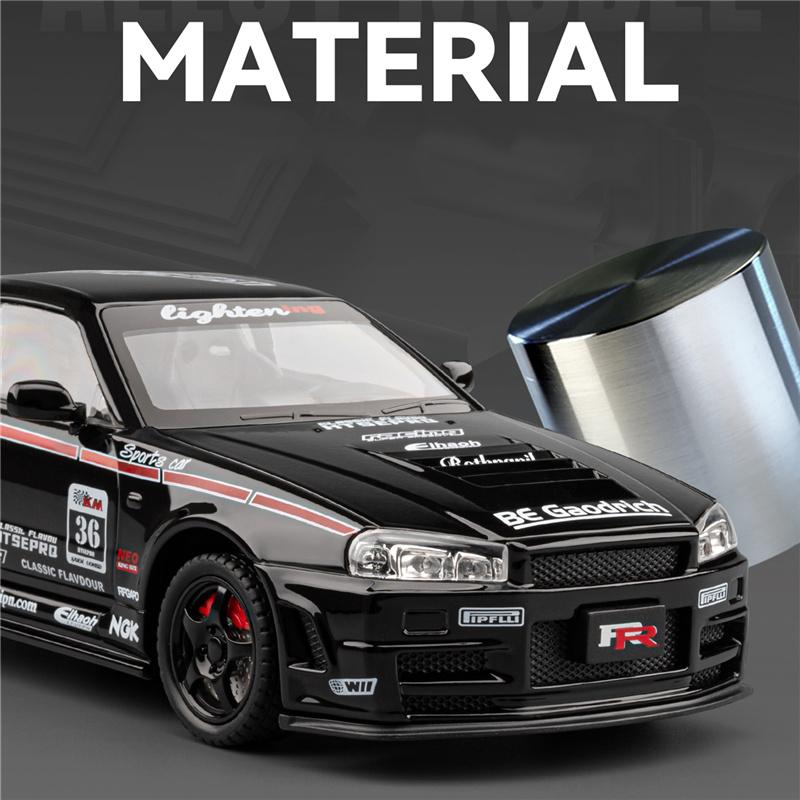 1/24 Nissan Skyline Ares GTR GT-R R34 Alloy Sports Car Model Diecast Metal Track Racing Car Vehicle Model Sound and Light Kids Toy Gift