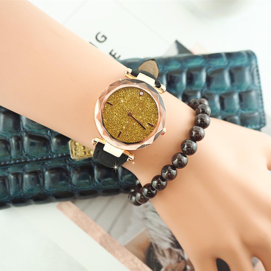 

Блестящие наручные часы «Звездное небо», модные минимализм, студенческие часы с кожаным ремешком золотой