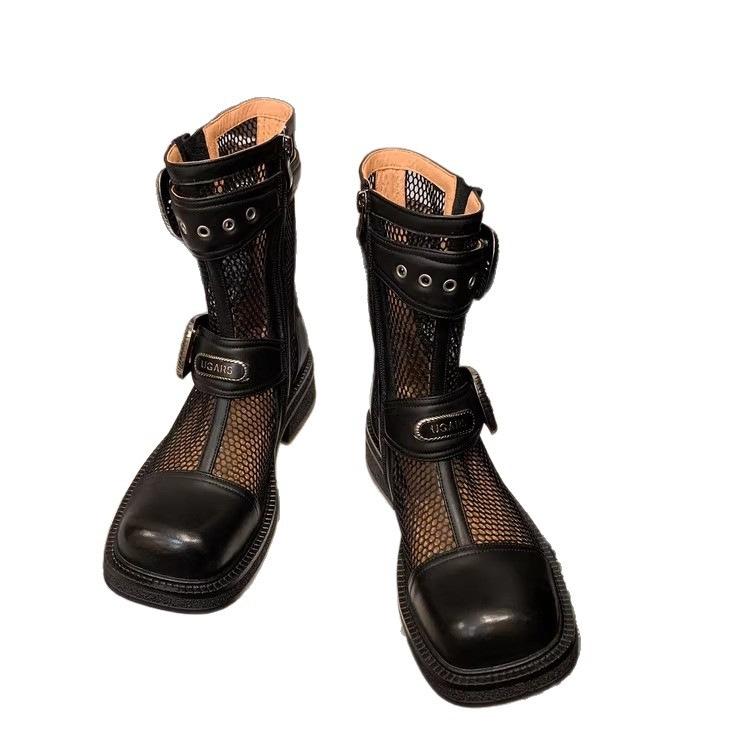 British Style Mesh Belt Buckle Breathable Martin Boots Women's 2025 Summer New Hollow Thick Heel Thick Sole Short Tube Cool Boots