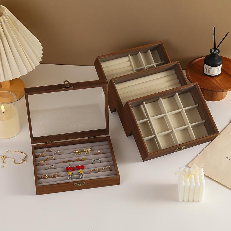 Vintage Jewelry Wood Storage Box Velvet Glass Lid Jewelry Organizer Case Dust-Proof Bracelet Ring Earring Display Holder