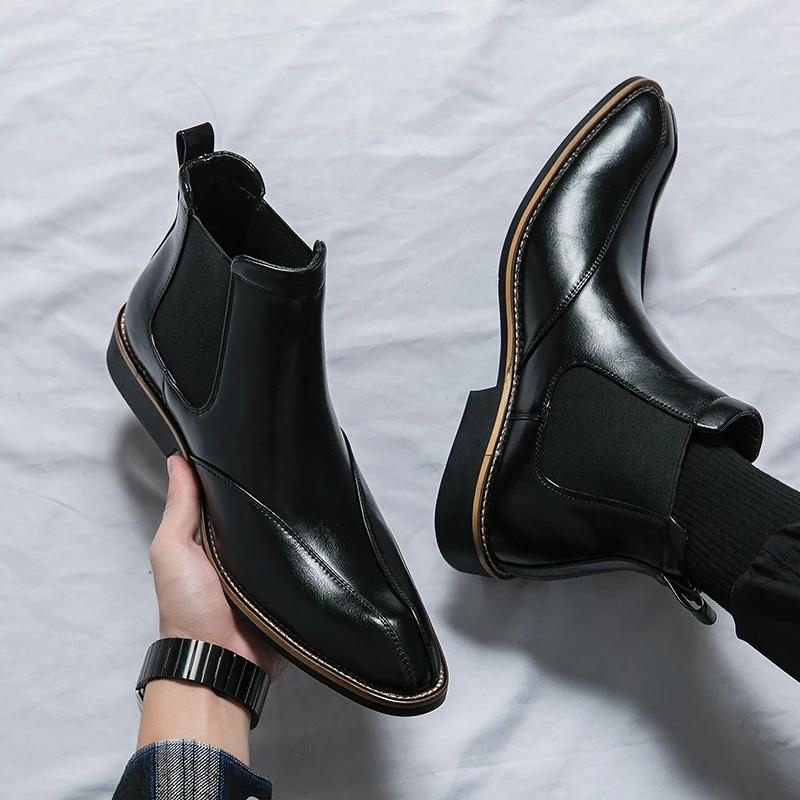 Fashion New Brown Chelsea Boots for Men Ankle Business Square Toe Slip-On Mens Boots  Size 38-45