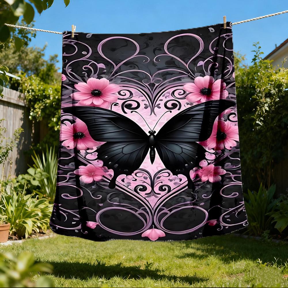 1pc Butterfly Floral Pattern Outdoor Flannel Blanket Soft All Season Polyester Throw , Perfect for Picnics & Travel , Picnic Accessory