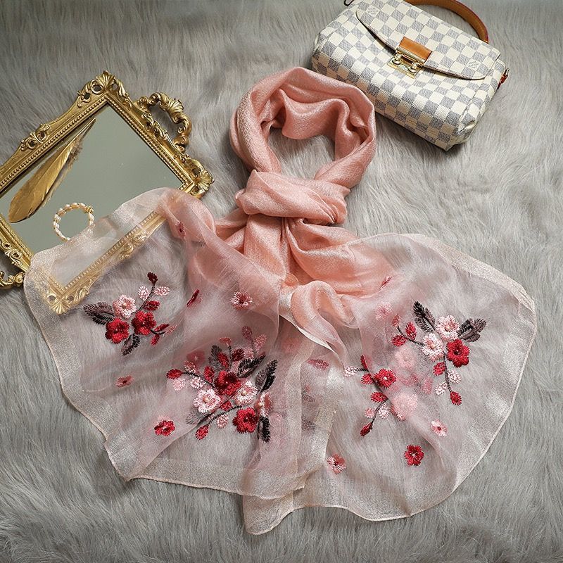 Seidenschal mit Begonienblütenstickerei, Cheongsam-Schal mit Stickerei für Damen im Frühling und Herbst, Mutter-Maulbeerseide, Frühlings- und Herbst-Winterschal