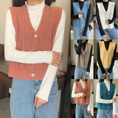 Women Solid Color V Neck Single-breasted Braid Knitted Cardigan Waistcoat Vest