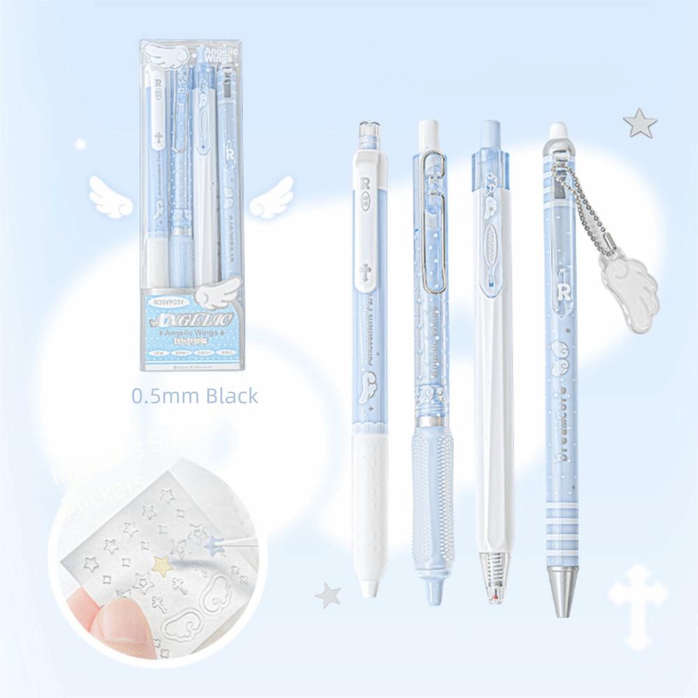 New High Quality 4Pcs/Set 0.5mm Pearl Angel Gel Pen Set Soft Comfort Grip Wing Design Black Ink Exam Pens Smooth Writing Gel Ink