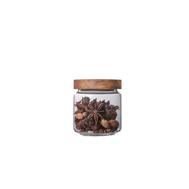 Transparent Glass Storage Jar with Acacia Wood Lid for Coffee Beans and Food Grains