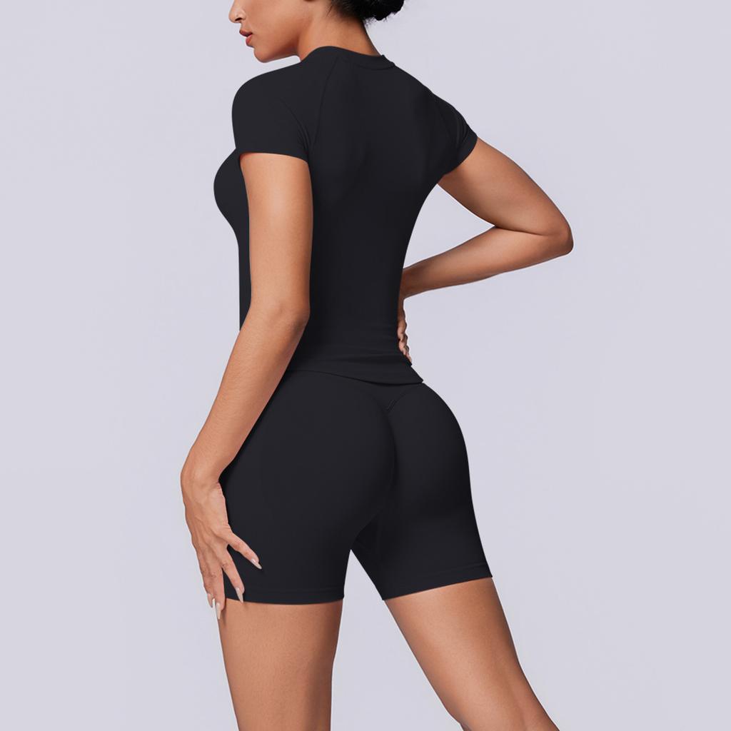European and American seamless solid color breathable tight high elastic short-sleeved shorts set sports running fitness yoga clothes women