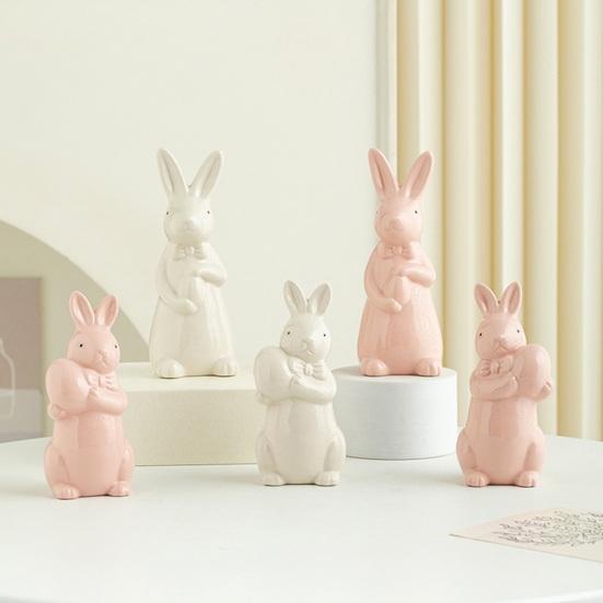 Easter Holding Egg Rabbit Figurine Ceramics Bow Tie Bunny Statue Sculpture Spring Easter Holiday Party