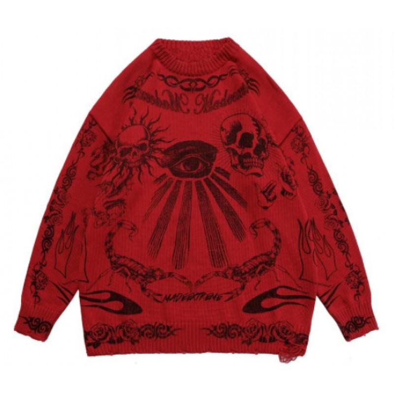 Womens Gothic Punk Y2K Streetwear Long Sleeve Knit Sweater - Black Wine Red White