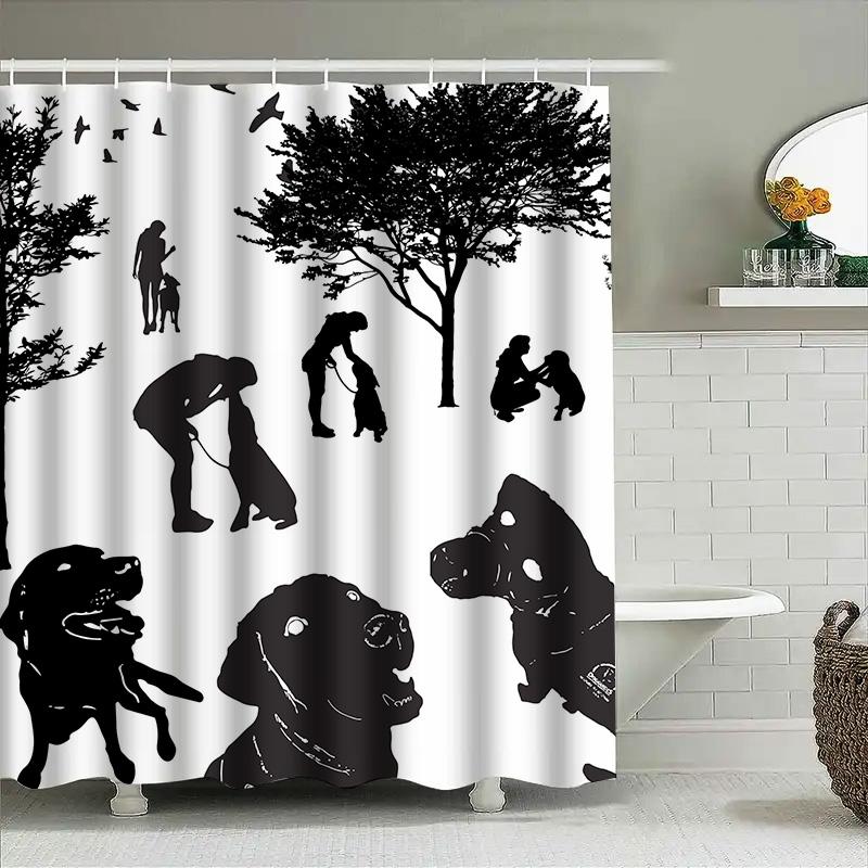 Black Silhouette Dogs Shower Curtain Pet Lovers Decor, Waterproof Bathroom Accessories, Home Decoration Size Customizable For Do