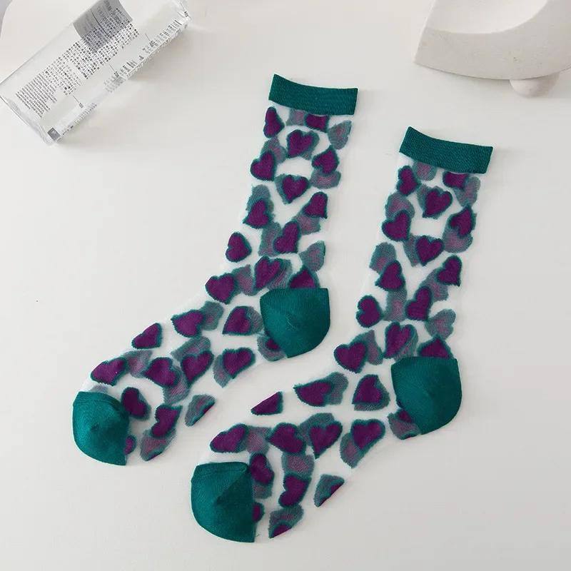 Summer Woman Socks Japanese Style Sweet Crytal Glass Silk Socks Heart Print Ultra-thin Transparent Girls Kawaii Cute Long Socks