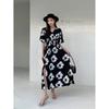 New dress women's short-sleeved round neck ruffle edge printed big swing dress, waist dress temperament fairy