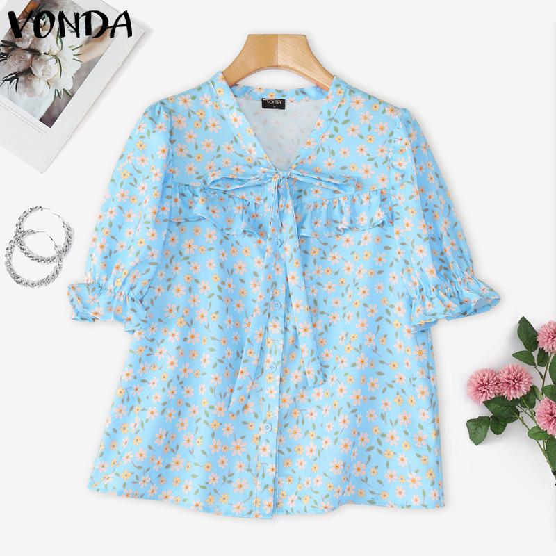 VONDA Elegant Women Floral Print Blouse Casual Puff Sleeve V Neck Ruffled Tops