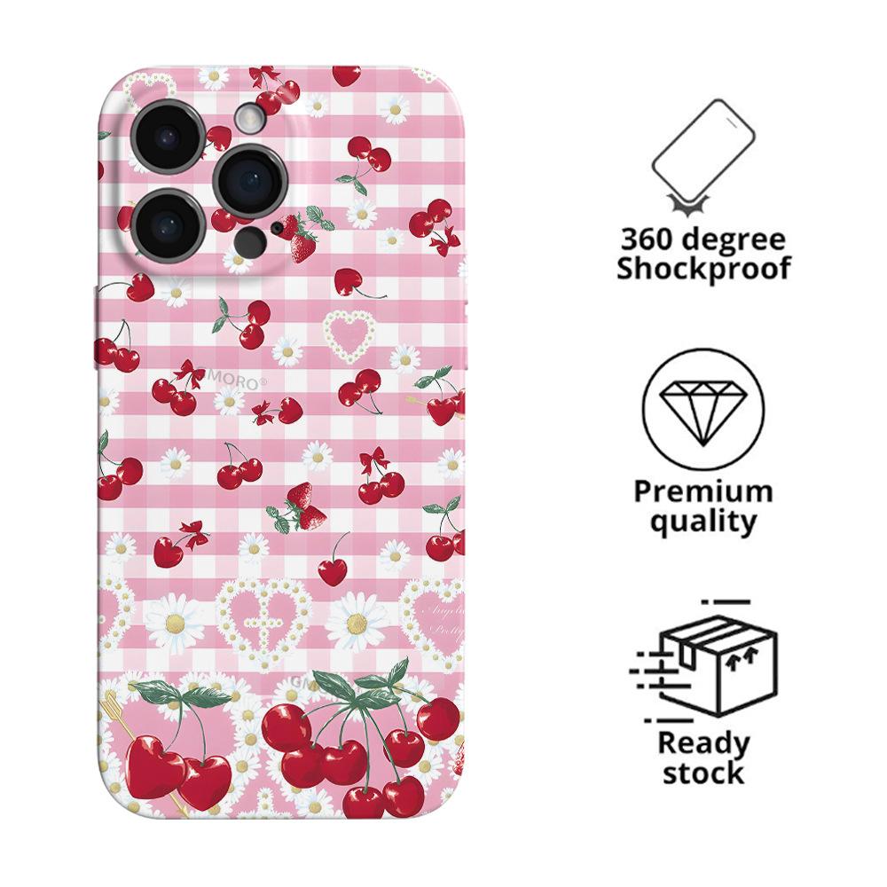 Korean Ins Sweet Girl Wind Pink Grid Cherry Mobile Phone Case Apple 17Pro Anti-drop All-inclusive Film Case iPhone14pm