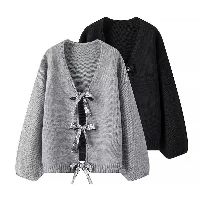 Kaslead New Arrival Women's Clothing Fashion Style Stylish Simple and Versatile Sequin Bowknot Decoration Loose Knitting Sweater