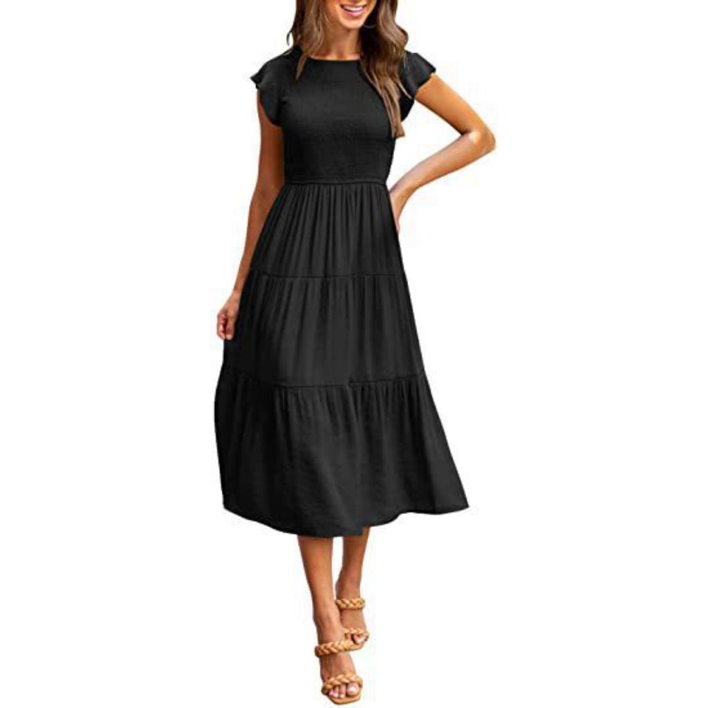 Women's Flutter Sleeve Smocked Tiered Midi Dress