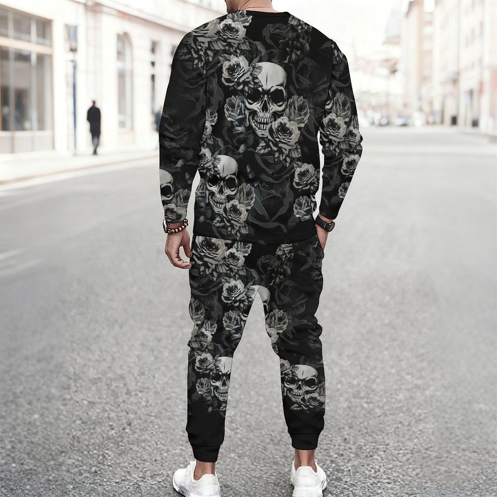 Men Purple Lace Background Skull Purple Rose Print Long Sleeve Sweatshirt And Jogger Pants Two Piece Outfit