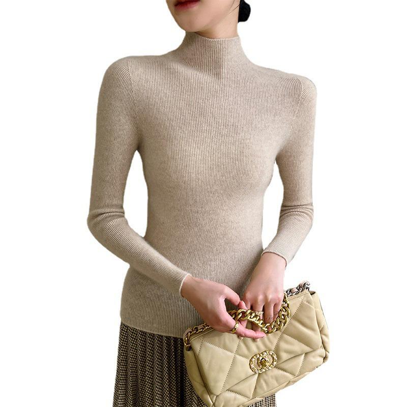 Women's Autumn/Winter Pure Cashmere Striped Slim-Fit Sweater with Half-High Neck