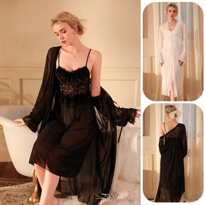 Sexy noční košilka pyžamo s dlouhým rukávem dámské síťované šaty sexy krajkové manžety prošívané domácí oblečení