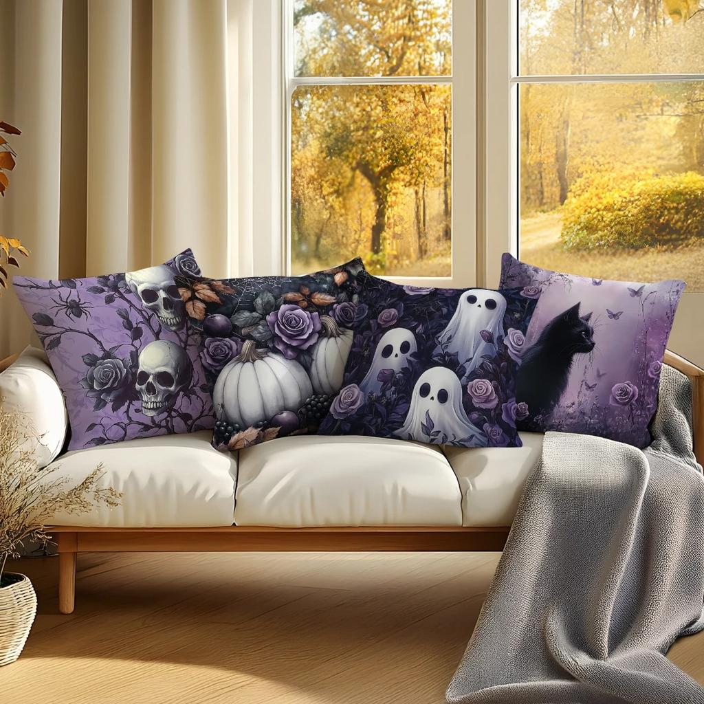 Home Decor Halloween Themed Skull & Ghost Pillow Covers Pattern Cushion Cover Suitable For Sofa Bedroom Car Pillow Cover