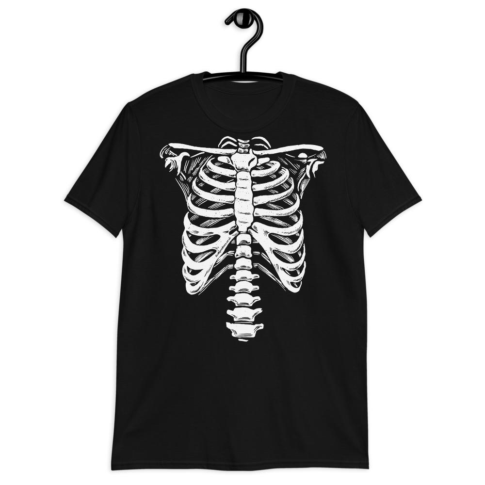 Distressed Skelett Brustkorb Print T-Shirt Herren Damen Retro Halloween Goth Baumwolle Kurzarm C