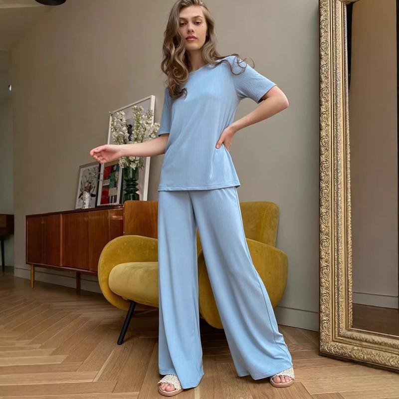 2026 Soft Modal Set Women Casual Short Sleeve Top Wide Leg Pants Two Piece