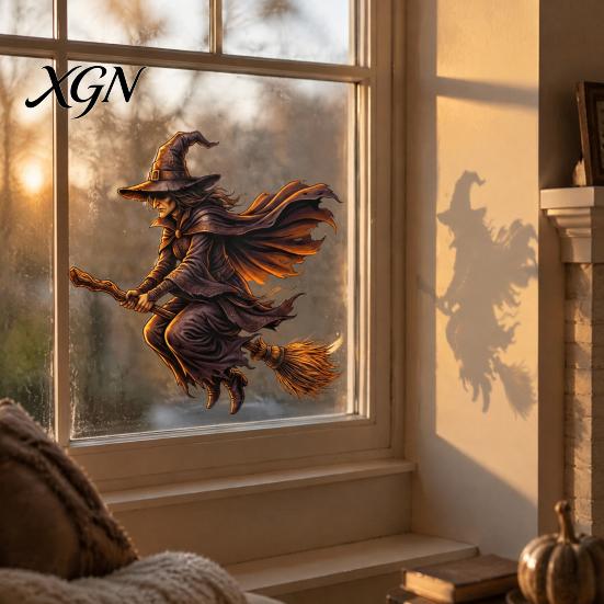 Halloween Party Supplies Witch on Broomstick Static Cling, Themed Glass Window Sticker, Decals Removable Wall Cling for Storefront Windows Doors